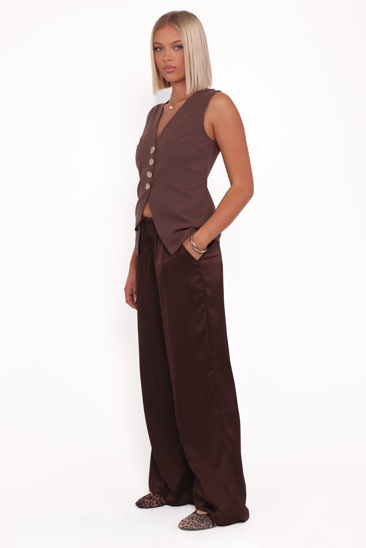 Bethany Satin Pant Set - Brown