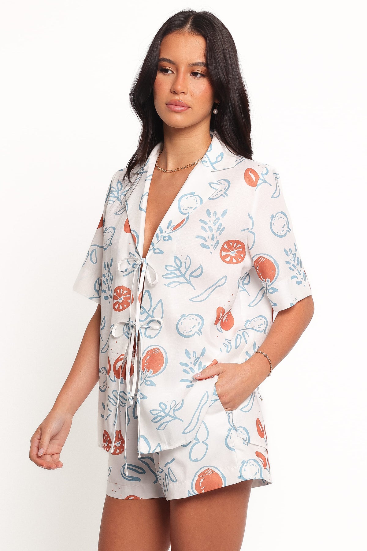 Aaliyah Tie Front Top - Blue Cream