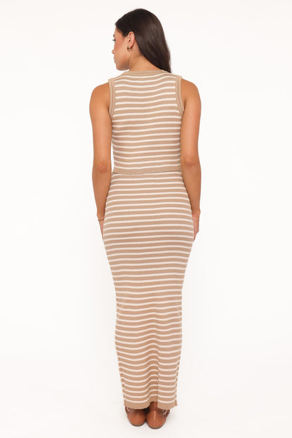 Aine Maxi Skirt Set - Khaki/Cream Stripe