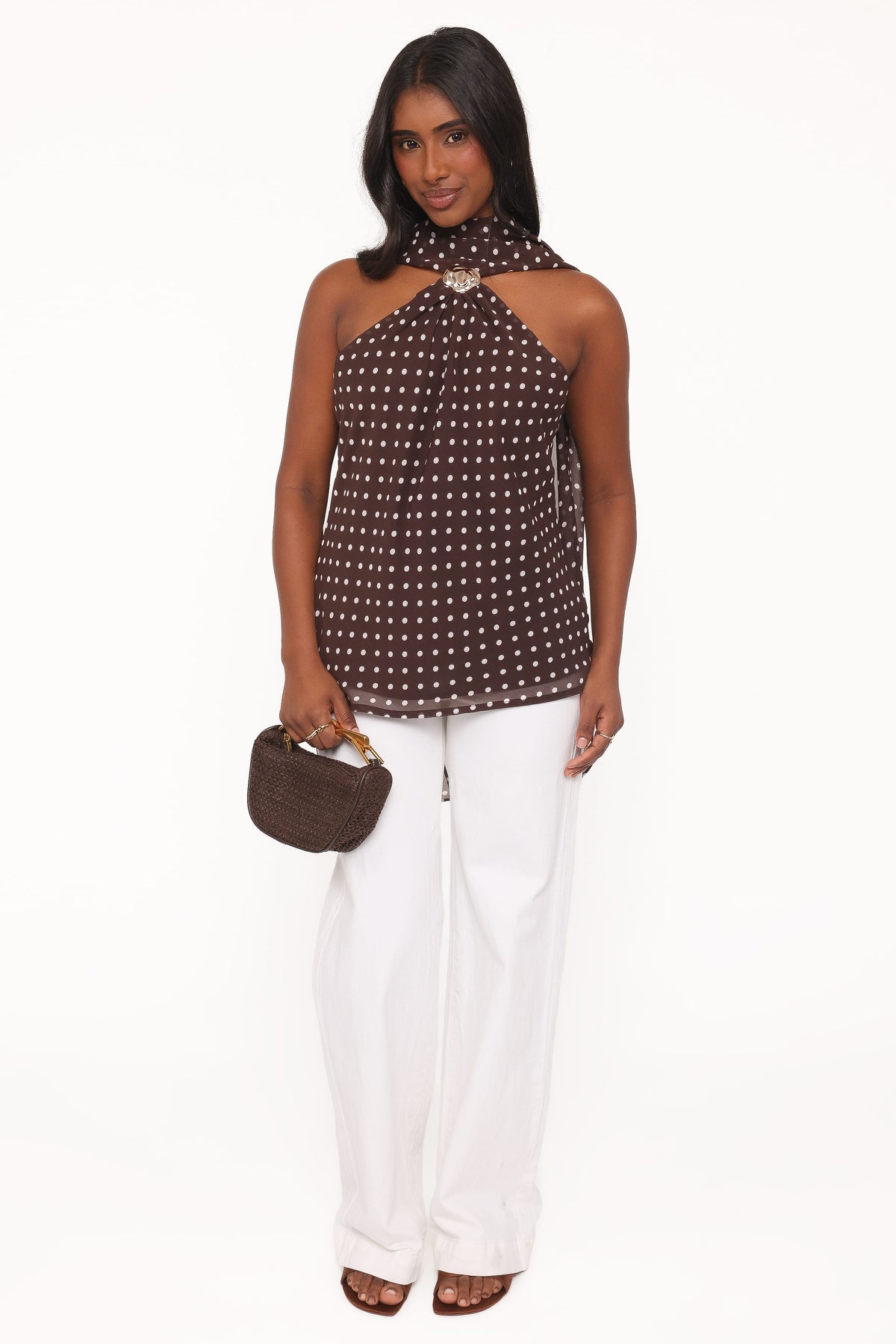 Beline Halter Top With Scarf - Brown Dot