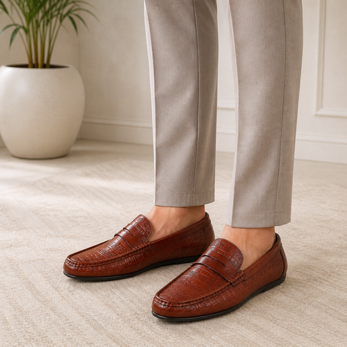 Tresmode Miland Tan Men's Leather Penny Driving Loafers