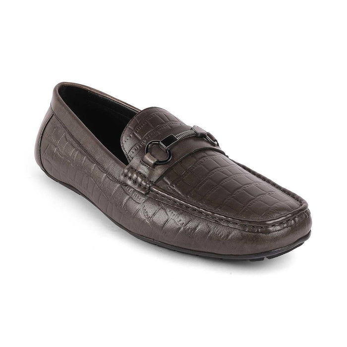Miluck Grey Men's Square Shape Textured Leather Driving Loafers Tresmode