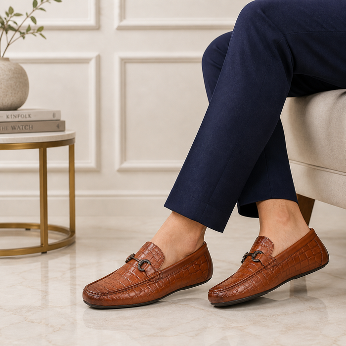 Tresmode Oxile Tan Men's Textured Leather Loafers
