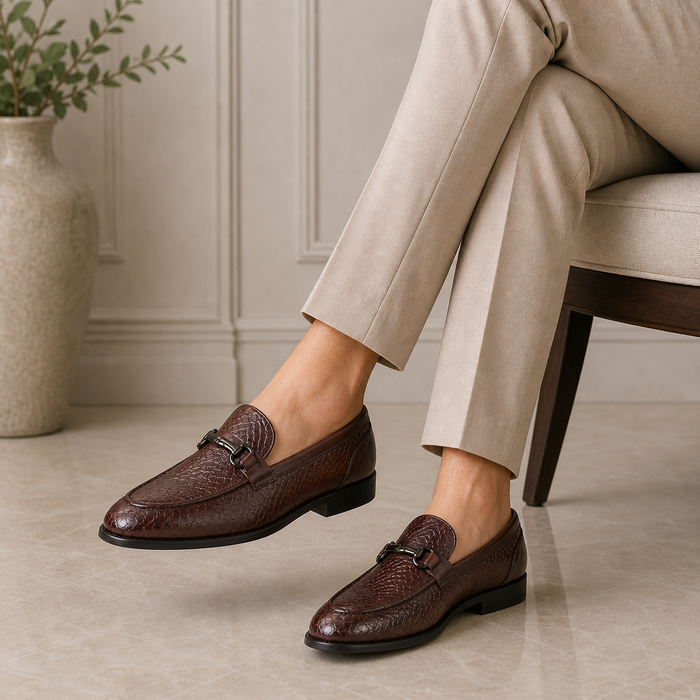Tresmode Royal Brown Men's Textured Leather Loafers