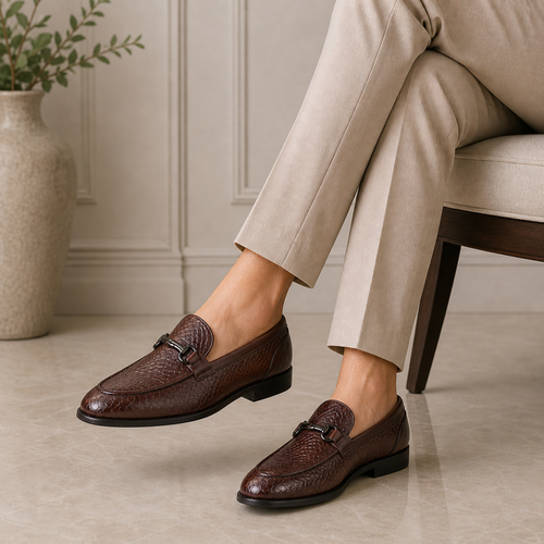 Tresmode Royal Brown Men's Textured Leather Loafers