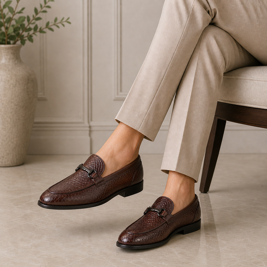 Tresmode Royal Brown Men's Textured Leather Loafers
