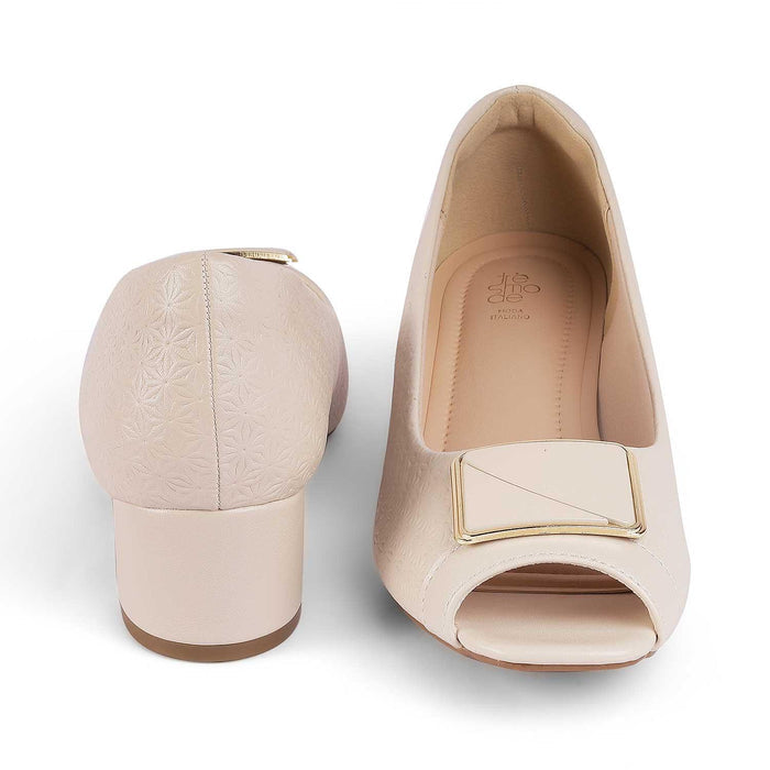 Treroy Beige Women's Textured Vegan Leather Peep-toe Sandals Tresmode