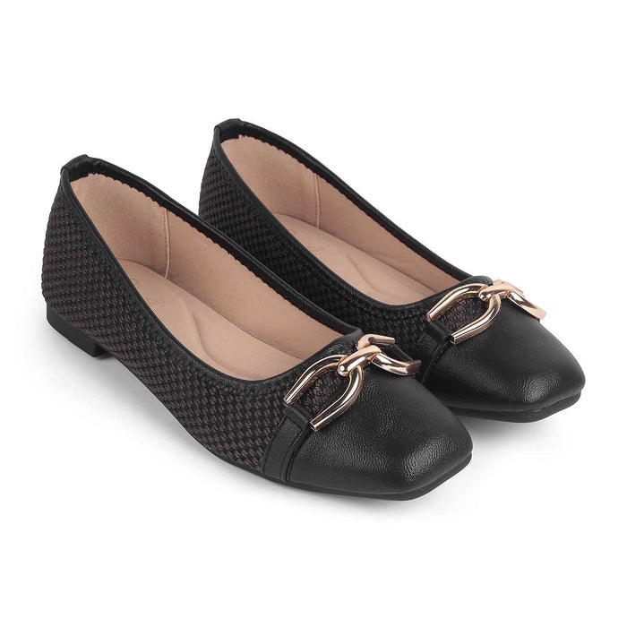 Yolky Black Women's Jute Patterned Ballerinas Tresmode